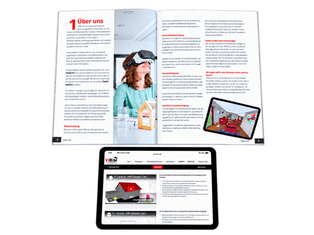 Gedruckte Baubeschreibung MASSIVO neben einem Tablet mit dem Online-Lernbuch